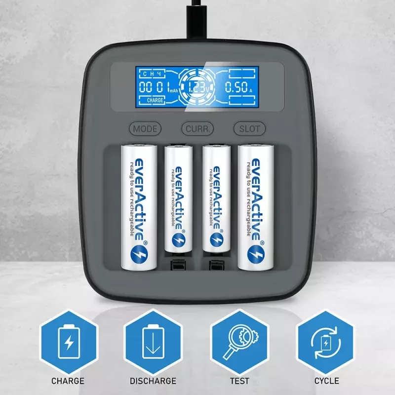 Akulaadija everActive NC1000MV2 — Ni-MH 4-pesaline USB-C laadija, 4 akut, 5 V, must, 110×99×38 mm
