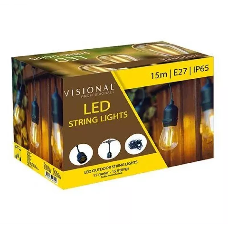 VISIONAL LED-aiavalgustikomplekt 15 E27 pesaga, 15 m, must kaabel (H05VV-F 2x0,75)