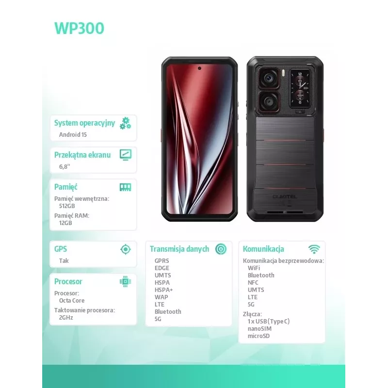 Nutitelefon Oukitel WP300 6,3 tolli 12 GB muutmälu 512 GB Must