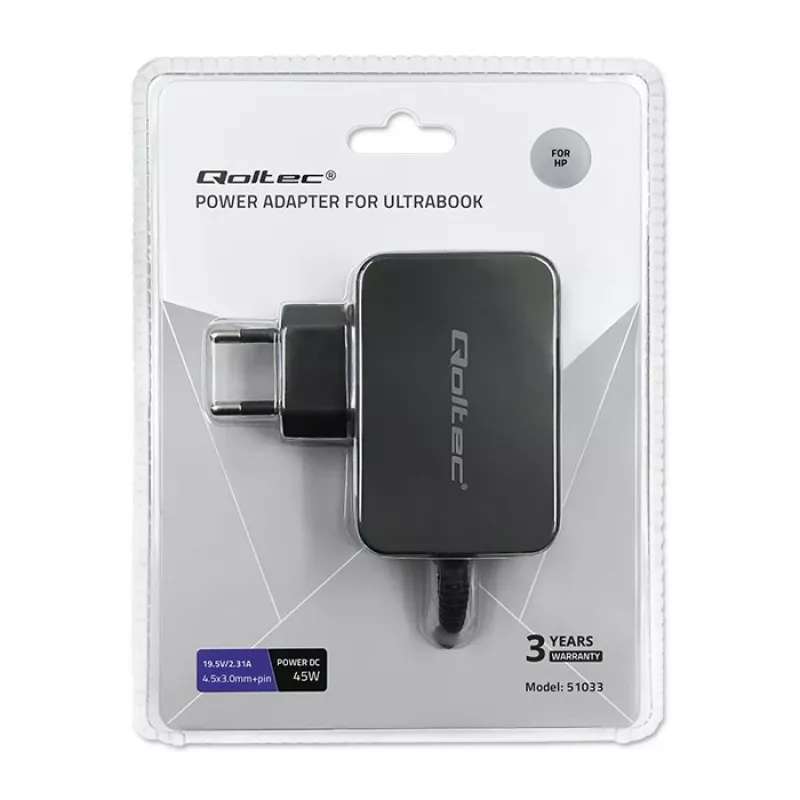 Vahelduvvoolu toiteadapter QOLTEC 51033 sülearvutitele, 45 W, 19,5 V, 2,31 A, 220–240 V, siseruumidesse, must, 1,7 m kaabel