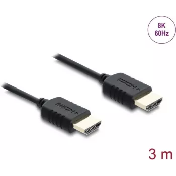 HDMI-kaabel DELOCK 81683 — 3 m, HDMI Type A isane-isasele, 48 Gbit/s, kuni 7680×4320, kullatud kontaktidega, must