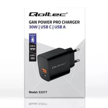 Toiteadapter QOLTEC 52377 GaN 30W väljund 5–20V kaasaskantavatele seadmetele