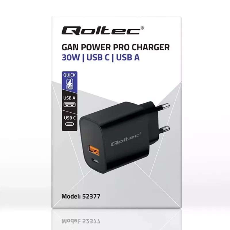 Toiteadapter QOLTEC 52377 GaN 30W väljund 5–20V kaasaskantavatele seadmetele