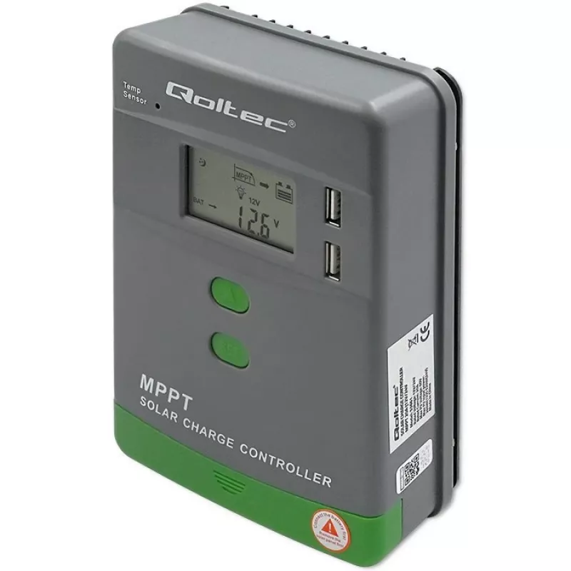 Qoltec, päikese MPPT laadimiskontroller temperatuurianduriga 20A 12V/24V LCD-ekraan 2 x USB