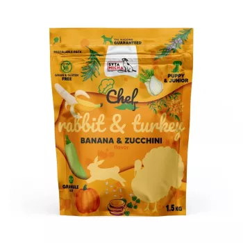 Kuiv koeratoit SYTA MICHA Chef küüliku ja kalkuniga juunioritele 1,5 kg — krõbuskid kutsikatele, 28% valku, 14% rasva