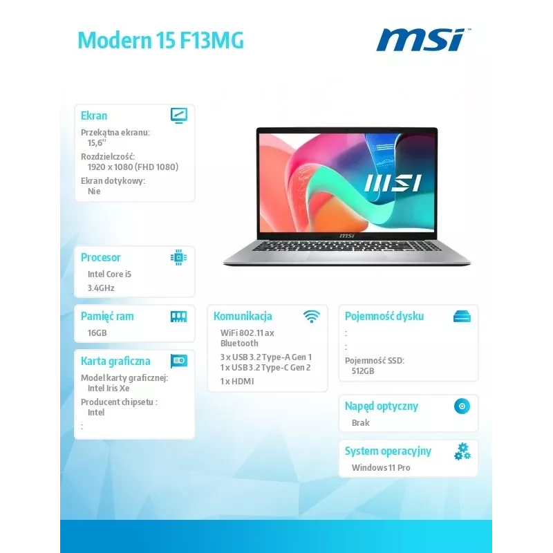 Sülearvuti Modern 15 F13MG-443PL WIN11PRO/Raptor Lake i5-1334U/16GB/512SSD/IrisXe/15.6''/3Y