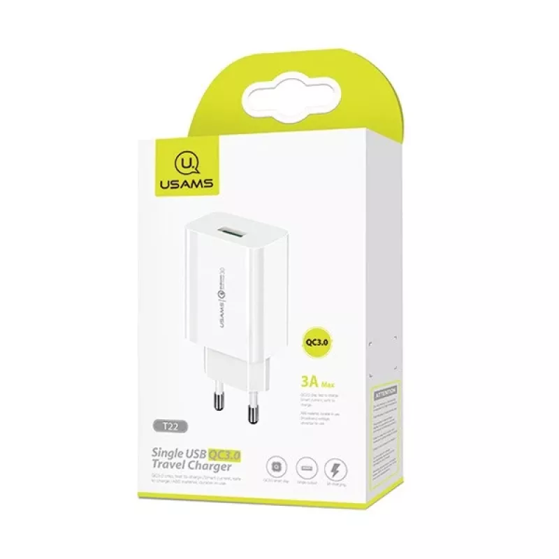 Laadija usams T22 18W QC 3.0 koos USB-C kaabliga — 18W kiirlaadija, Quick Charge 3.0