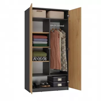 Riidekapp Top e shop SD-90 ANT/ART KPL — 2 uksega magamistoa riidekapp, 7 riiulit, 900×500×1800 mm