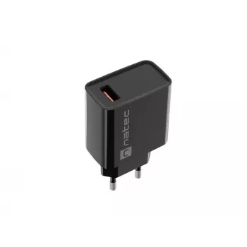 NATEC kiirlaadimisega sise-võrgulaadur Ribera — 18 W (5–15 V, kuni 3 A), 1× USB-A, Huawei FCP/SCP, must