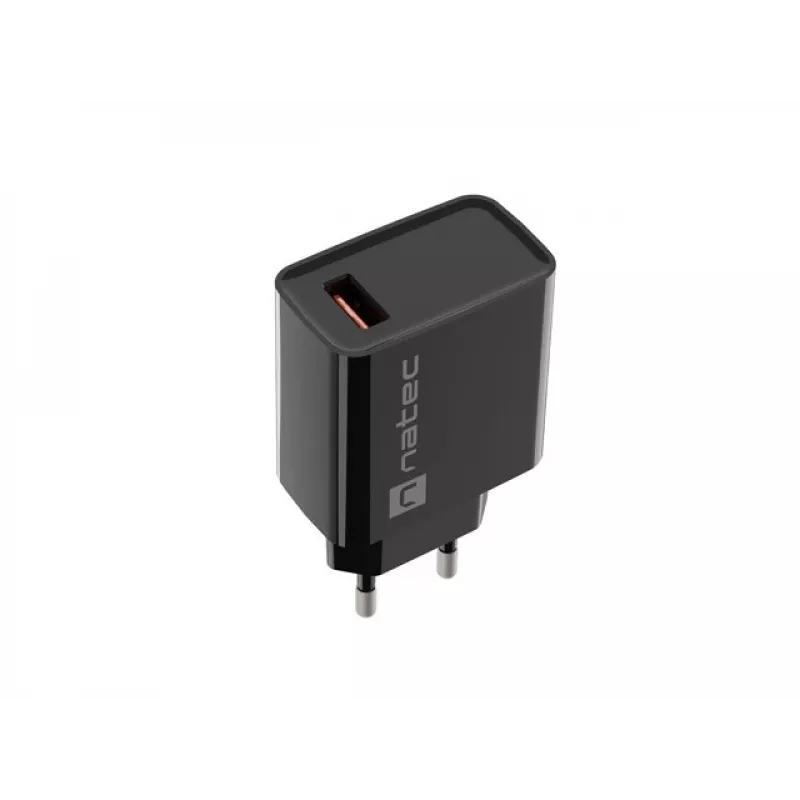 NATEC kiirlaadimisega sise-võrgulaadur Ribera — 18 W (5–15 V, kuni 3 A), 1× USB-A, Huawei FCP/SCP, must
