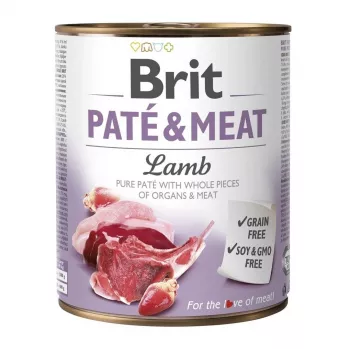 Niiske koeratoit Brit Paté & Meat lambalihaga 800 g – täiskasvanud koertele mõeldud täisväärtuslik konservtoit, 11% valku, 9% rasva, 75% niiskust
