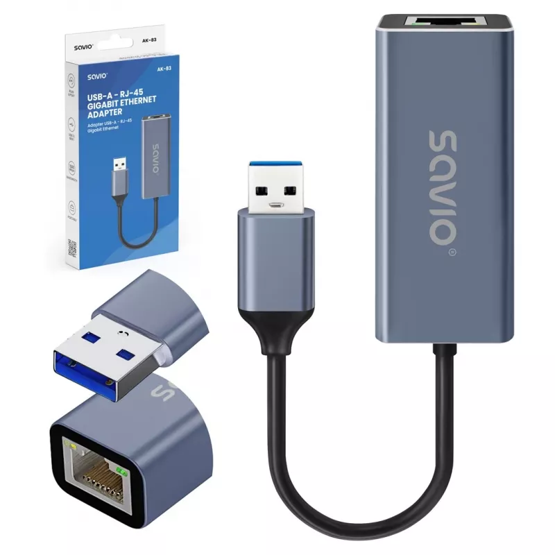 Võrguliidese adapter SAVIO AK-83 USB Type-A-pistik RJ-45, 5 Gbit/s, must