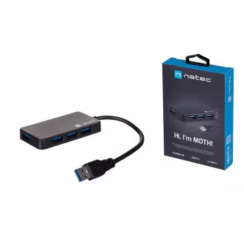 USB-jaotur NATEC Moth 4-pordiline USB 3.2 Gen 1 Type-A (5000 Mbit/s), USB-toitega, must, 0,15 m kaabel