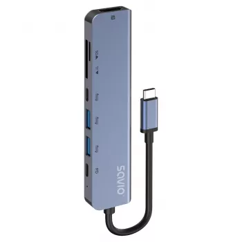 USB USB-C jaotur SAVIO AK-82 HDMI, MicroSD, USB 3.2 Gen1, PD läbipääsuga, 4K@30Hz, 5000 Mbit/s, must