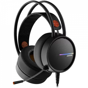CANYON INTERCEPTOR GH-8A, mängupeakomplekt 3,5 mm pistikuga ja USB-ühendusega LED-taustvalgustuse jaoks, reguleeritava mikrofoniga ja helitugevuse regulaatoriga, 2in1 3,5 mm adapteriga, kaabel 2 m, must ja oranž