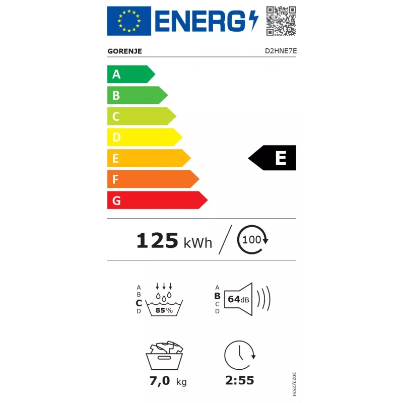 Gorenje pesukuivatusrest | D2HNE7E | Energiatõhususe klass E | Eestlaadimine | 7 kg | Soojuspump | LED | Sügavus 51 cm | Valge