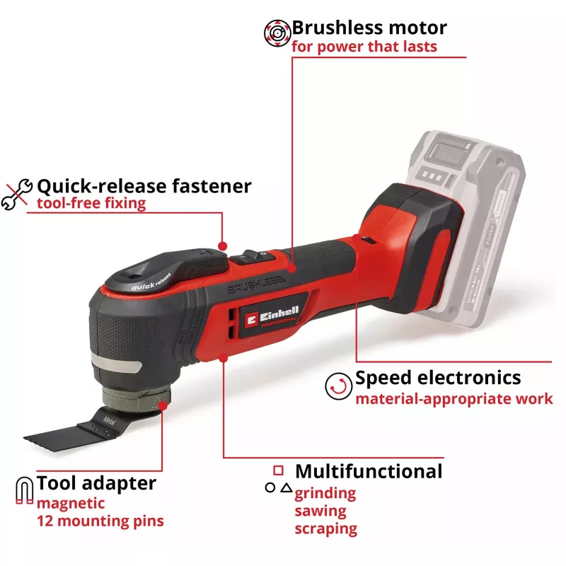 Mitmeotstarbeline tööriist EINHELL TP-MG 18 Li BL Solo — 18V Li‑Ion, lihvimine, lihvimine, saagimine, 1,08 kg, must/punane