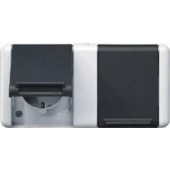Pistikupesa tüüp F JUNG 8220 W — IP44, 250 V / 16 A, termoplastist korpus, 151×75×58 mm, must/valge