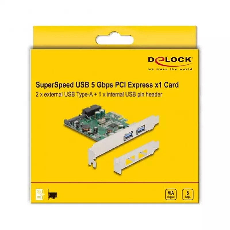 DeLOCK PCI Express x1 kaart 2 x USB 3.2 Gen 1 Type-A + 1 x sisemine 19-pin päis