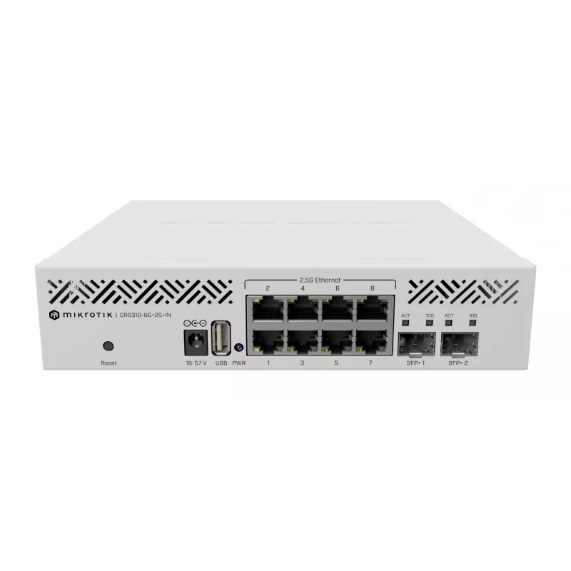 Hallatav L3 lüliti MikroTik CRS310-8G+2S+IN — 8× 2.5G RJ-45, 2× SFP+, PoE, 1U rack-paigaldus, Valge