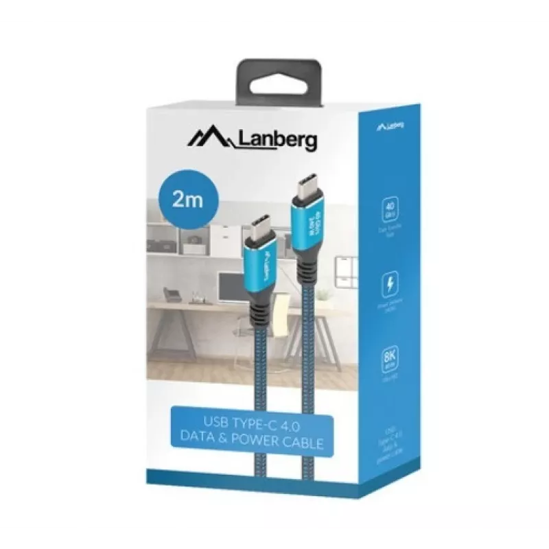 USB-C kuni USB-C kaabel LANBERG CA-CMCM-45CU-0020-BK, 240W PD, 8K@60Hz, 2,0 m