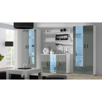 Külgkapp cama meble SOHO S7, 120 cm, valge/hall läikiv, 3 ust, 4 riiulit