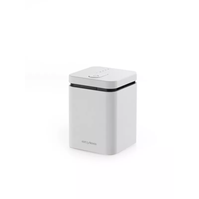 Aroomidifuusor Stylies ELARA/Valge — aurustav, kuni 25 m² ruumidele, 2 h taimer, AC/patarei/USB, 1,3 W, 74×74×100 mm