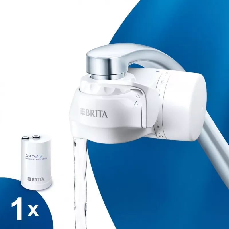 Kraaniveefilter BRITA ON TAP V CU CE2 (1052067) — 4-astmeline, 600 l mahutavus, 3 režiimi, 5 adapterit, valge