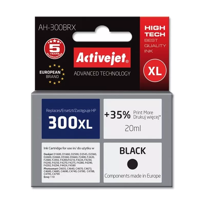 ActiveJet AH-300BRX ühilduv tindikassett (must, 20 ml, suure mahutavusega XL, pigment, HP 300XL CC641EE jaoks)