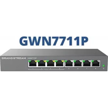 Juhitav L2 Gigabit PoE võrgukommutaator Grandstream GWN7711P — 8x RJ-45 10/100/1000, 48V DC, laua-/seinapaigaldus