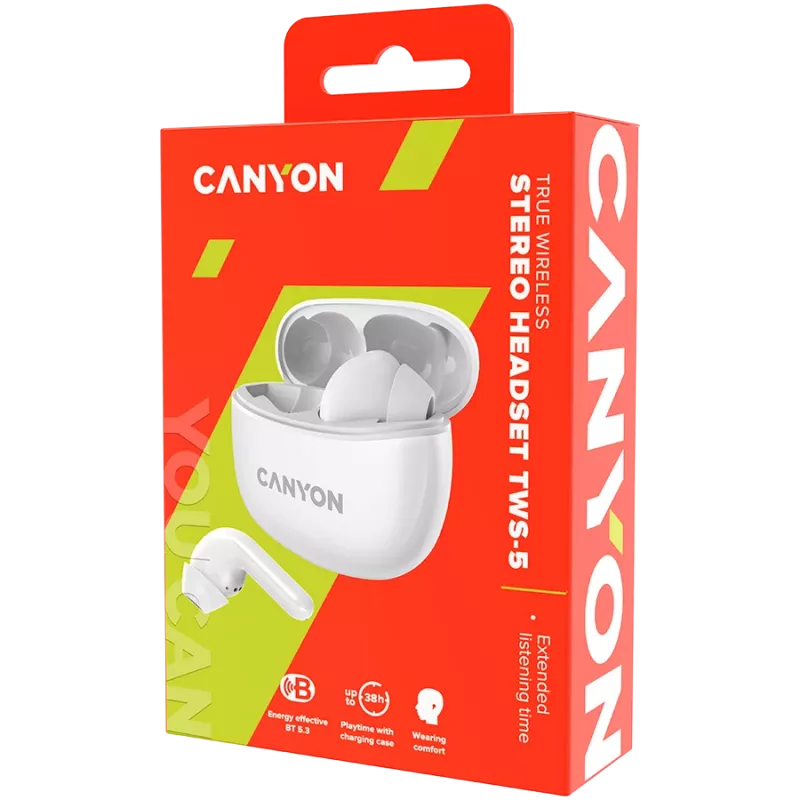 Canyon TWS-5 Bluetooth-kõrvaklapid, mikrofoniga, BT V5.3 JL 6983D4, sagedusvahemik: 20Hz-20kHz, aku: kõrvaklapid 40mAh*2 + laadimiskarp 500mAh, Type-C