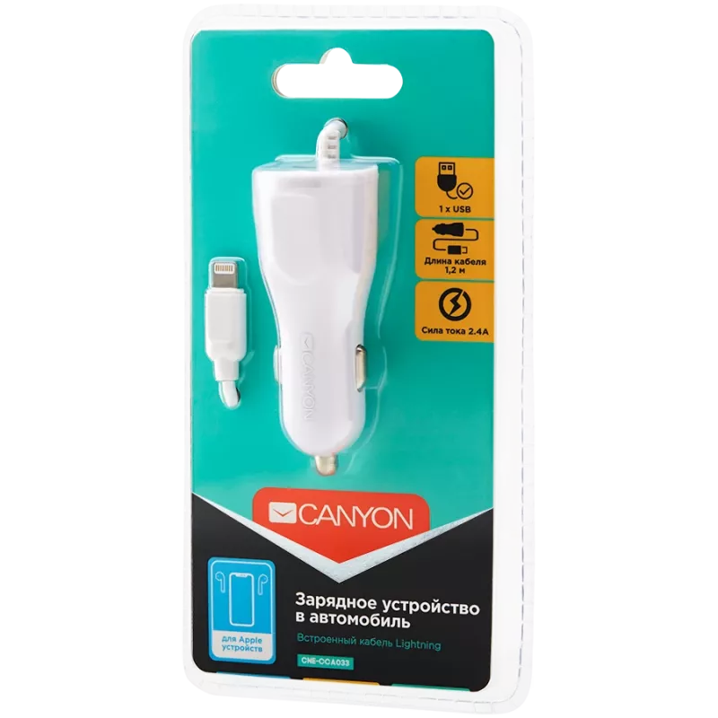 CANYON auto laadija C-033 2.4A/USB-A sisseehitatud Lightning valge