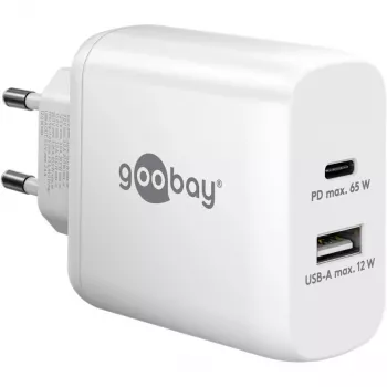 USB-C Dual-Fast Charger, PD, GaN, 65 W (valge, 1x USB-C, 1x USB-A, Power Delivery)
