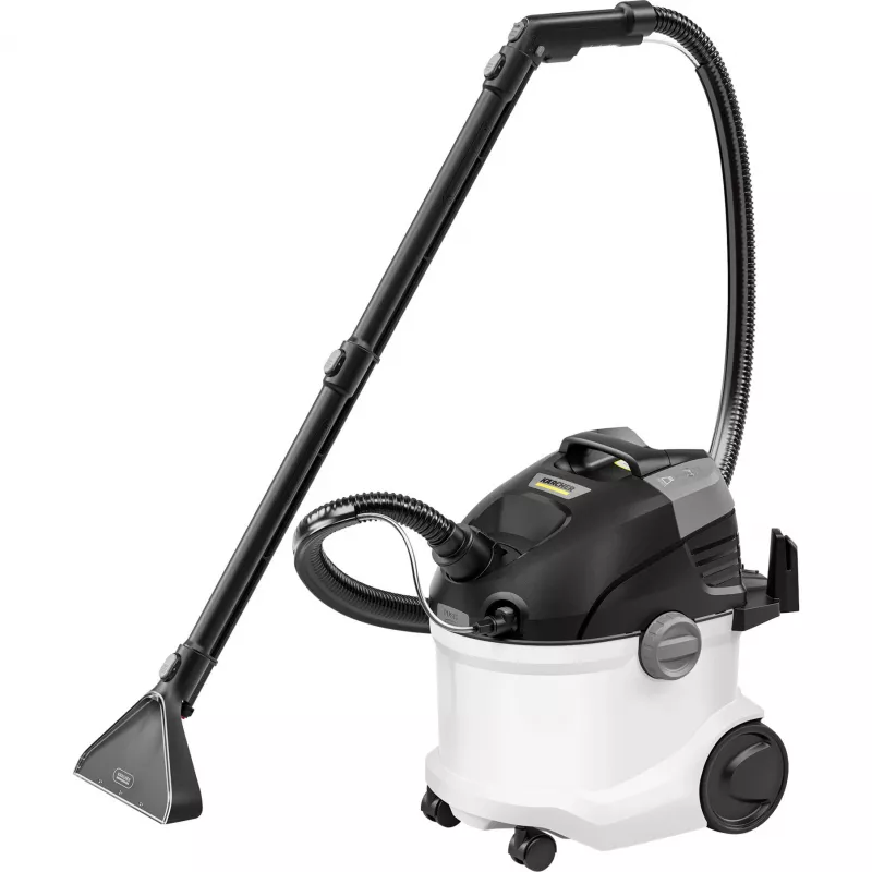 Silindertolmuimeja Kärcher SE 5 — kuiv- ja märgpuhastus, 1000 W turbiin, 4 L musta/4 L puhta vee paagid, 6 m juhe