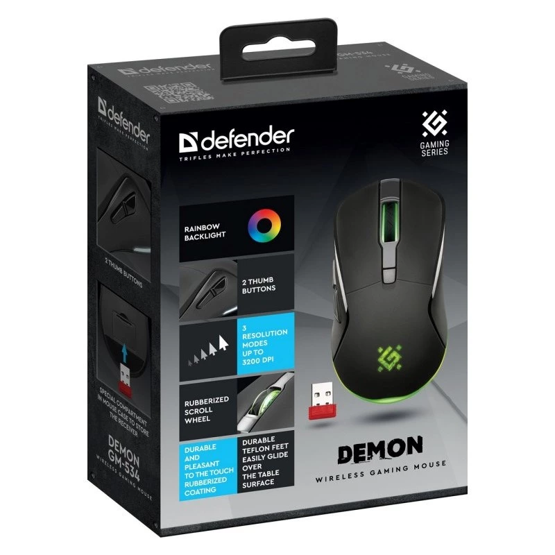 Juhtmevaba mängurihiir DEFENDER Demon GM-534 RF, mõlemakäeline, 3200 DPI, 5 nuppu, 2,4 GHz USB-A nano vastuvõtja