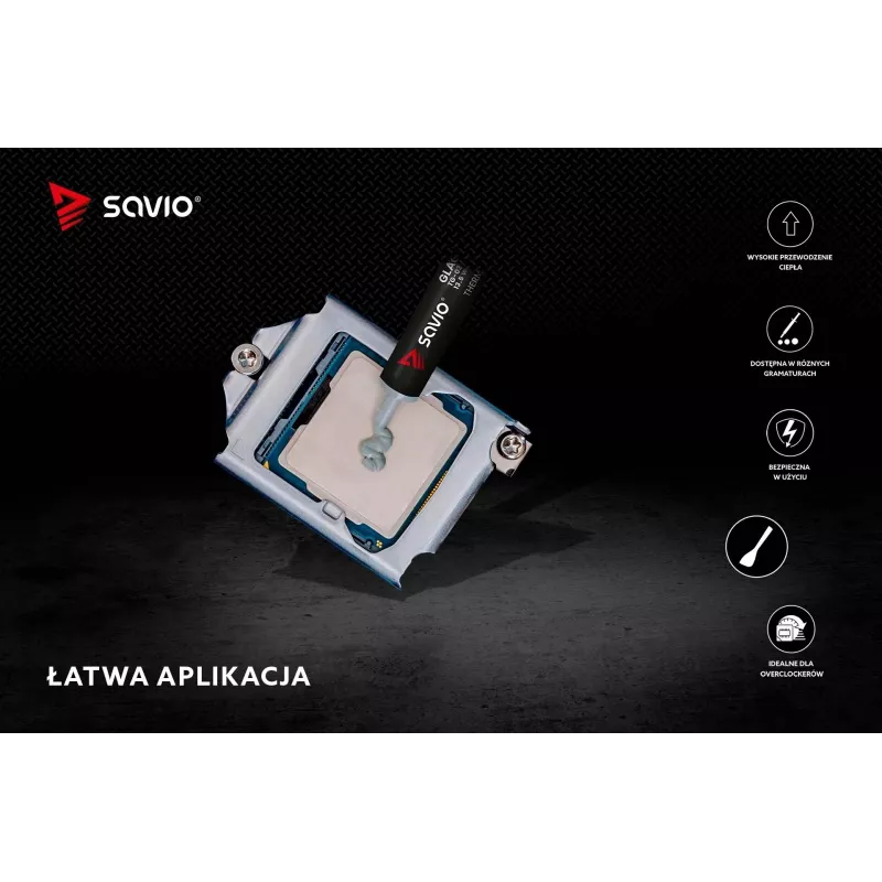Termopasta SAVIO TG-03 1 g — 13,5 W/m·K, hall, komplektis aplikaator ja spaatel