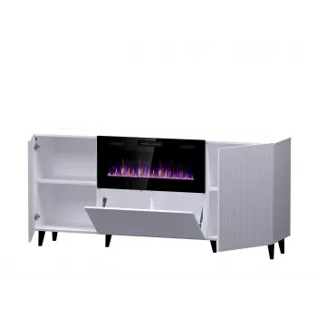 Sahtlitega kapp elektrikaminaga Cama Meble PAFOS, 180x42x82 cm, valge matt, 1400–1600 W, käepidemeteta, 3 ust, 2 riiulit