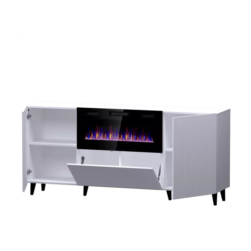Sahtlitega kapp elektrikaminaga Cama Meble PAFOS, 180x42x82 cm, valge matt, 1400–1600 W, käepidemeteta, 3 ust, 2 riiulit