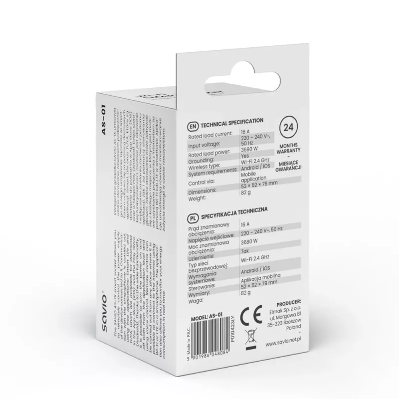 Nutipistik SAVIO AS-01 16A Wi‑Fi 2,4 GHz, E/F-tüüpi pistik, 220–240V, 3680W, valge