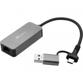 USB-C/A-adapter SANDBERG 136-68 koos 2.5 GbE RJ45 Ethernet-pordiga