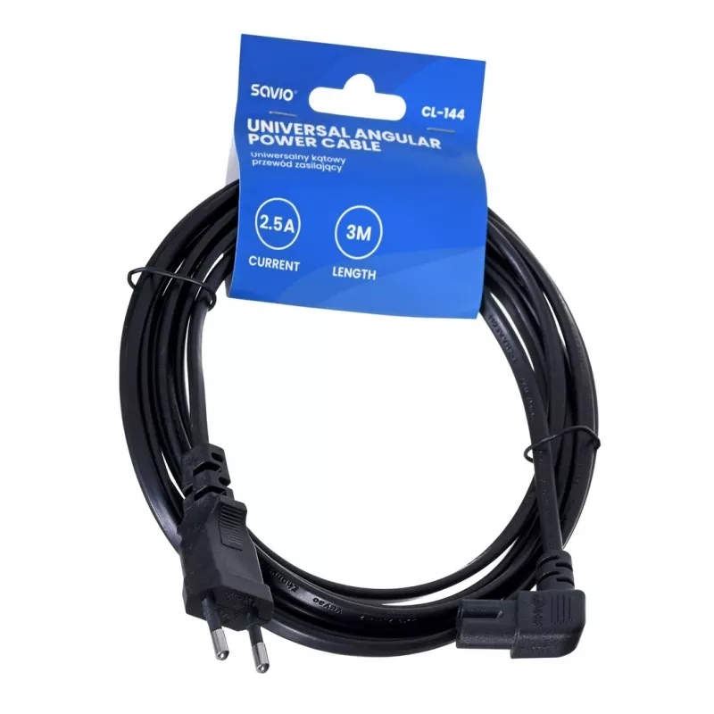 Toitekaabel SAVIO CL-144, 3 m, nurgeline 2-kontaktiline kuni IEC Type E pistik, must