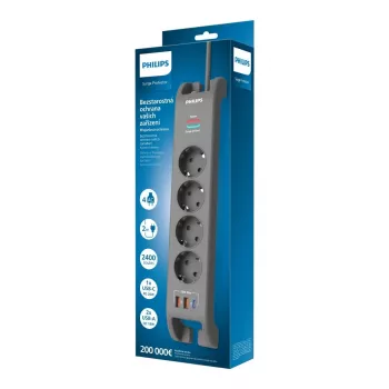 Pikendusjuhe liigpingekaitsega Philips 4 pistikupesa 2 m kaabel 3×US