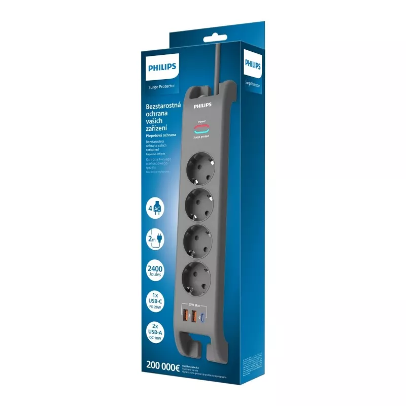 Pikendusjuhe liigpingekaitsega Philips 4 pistikupesa 2 m kaabel 3×US