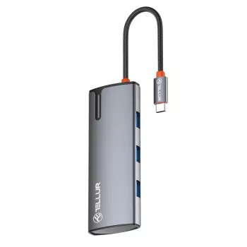 USB-C hubi Tellur TLL321061 koos PD 3.0 100W, HDMI väljundi ja 3× USB 3.0 pordiga