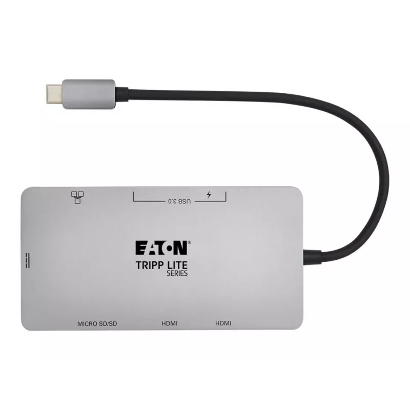 Eaton Tripp Lite USB-C dokk, kahe ekraaniga - 4K 60 Hz HDMI, USB 3.2 Gen 1, USB-A jaotur, GbE, mälukaart, 100W PD laadimine, hall - dokkimisjaam - USB-C - 2 x HDMI - 1GbE (U442-DOCK)