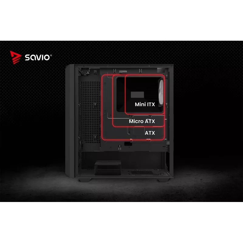 PC kuubikujuline korpus SAVIO Noctis Glass RGB — must, ATX/Micro-ATX, 210×410×450 mm, 3×120 mm esiventilaatorid
