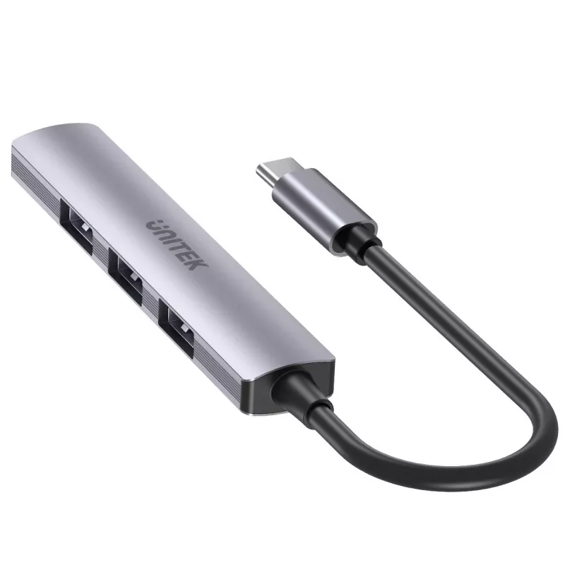 USB-C jaotur Unitek H1208B — 1x USB-A 5 Gbps, 3x USB-A 2.0, USB-C host, alumiiniumkorpus, 0,20 m kaabel