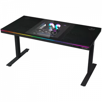 Kahe mootoriga istumiseks/seismiseks reguleeritava kõrgusega mängulaud koos sisseehitatud arvutikorpuse, juhtmevaba laadija, RGB-valgustuse, juhtpaneeli ja USB-portidega, PB melamiinkattega lauaplaat, must.