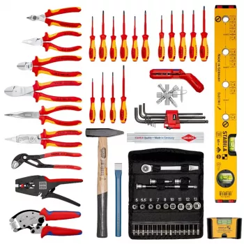 Mehaanika tööriistakomplekt Knipex 00 21 06 — 68 tööriista, sisaldab nõelaots- ja veepumba tange, punased/kollased tööriistad, must kohver (515×438×265 mm)