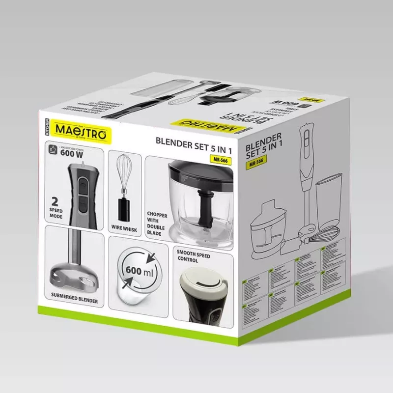 Hand blender Maestro MR-566, 500 W, 2 speeds, turbo, whisk, chopper 600 ml, 900 ml storage jar, stainless steel